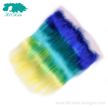 human hair color closure, Aliexpress hair closures ombre 3 tone yellow/blue/purple lace frontal